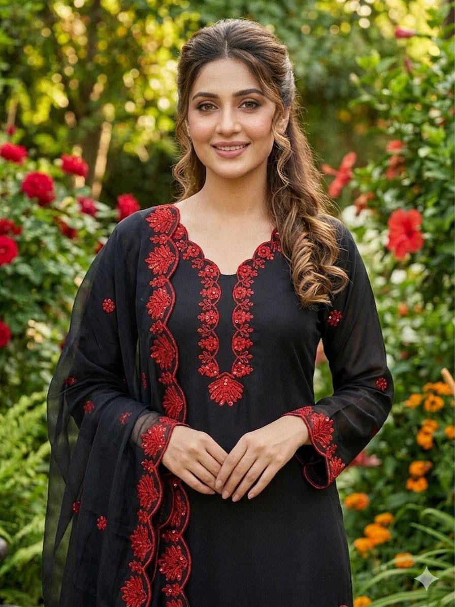 ✨ REAL MODLING THIS SEASON WEAR OUR SEQUENCE EMBROIDERY WORKED TOP, FARSI SALWAAR WITH DUPATTA ✨