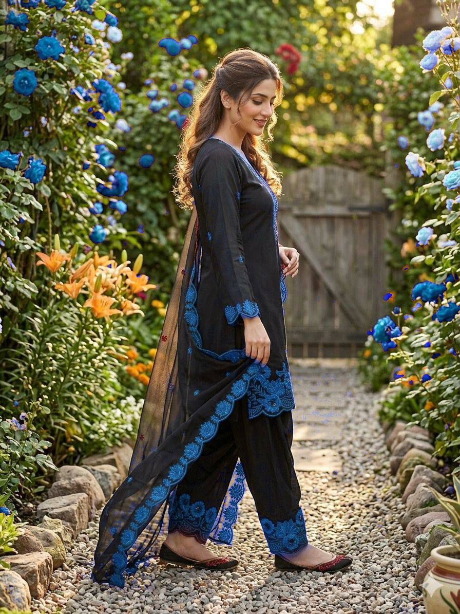 ✨ REAL MODLING THIS SEASON WEAR OUR SEQUENCE EMBROIDERY WORKED TOP, FARSI SALWAAR WITH DUPATTA ✨