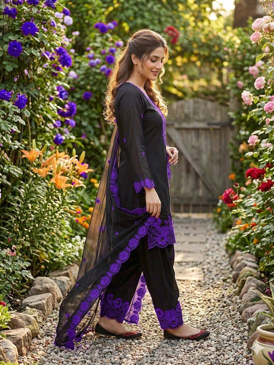 ✨ REAL MODLING THIS SEASON WEAR OUR SEQUENCE EMBROIDERY WORKED TOP, FARSI SALWAAR WITH DUPATTA ✨