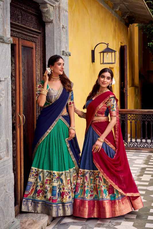 Step into timeless elegance with this Poly Chanderi lehenga, designed with delicate Zari stripes and enhanced with Kalamkari prints 🪷