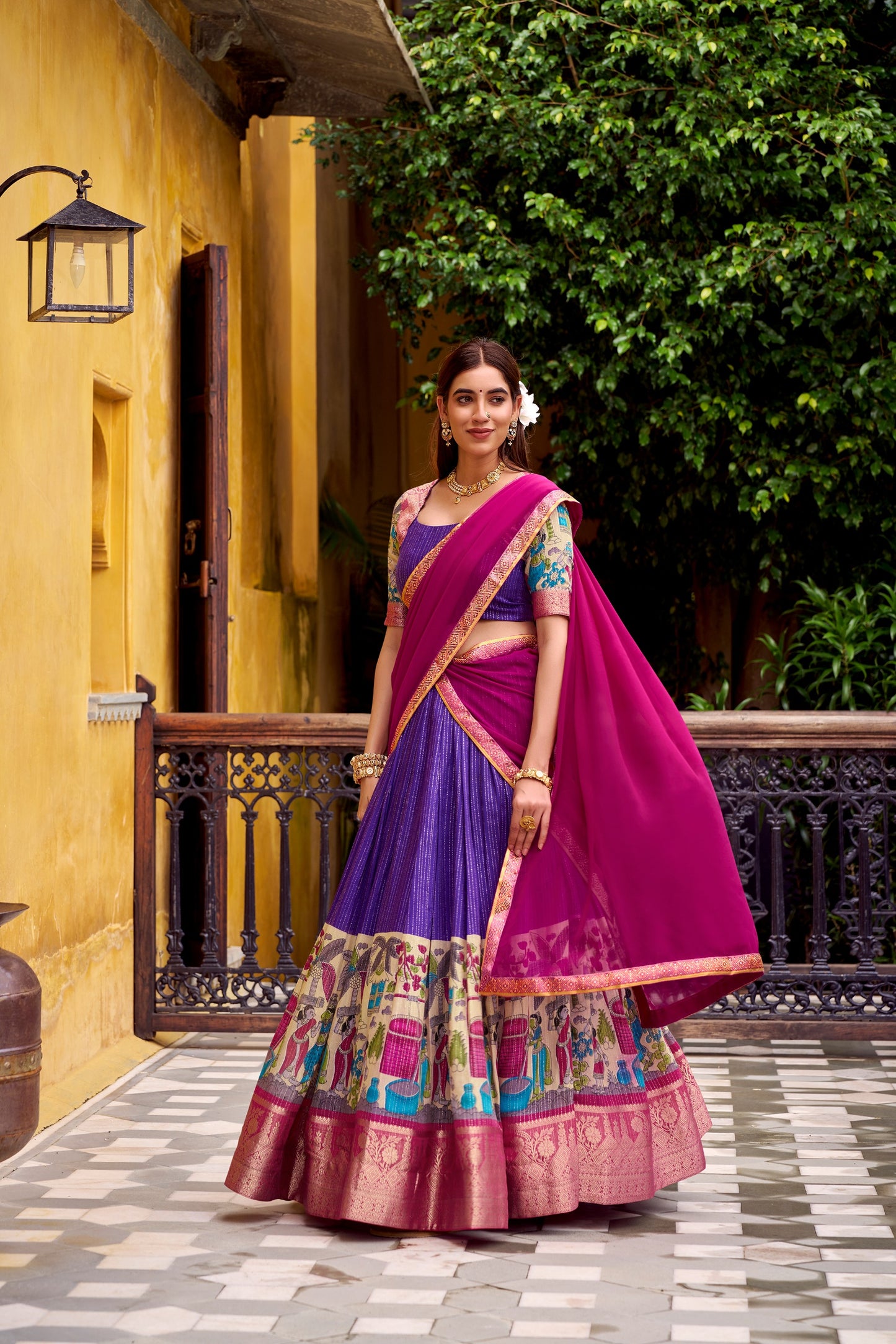 Step into timeless elegance with this Poly Chanderi lehenga, designed with delicate Zari stripes and enhanced with Kalamkari prints 🪷