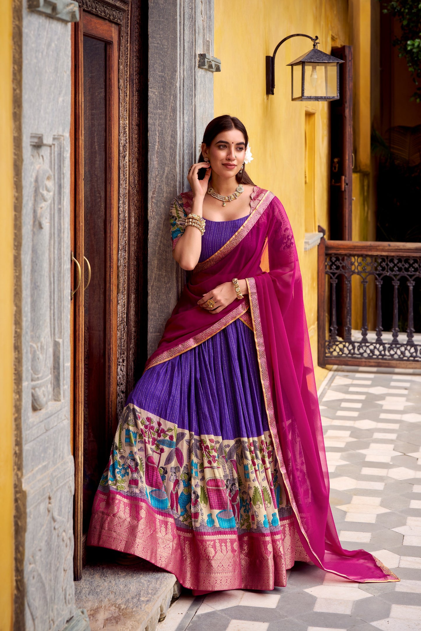 Step into timeless elegance with this Poly Chanderi lehenga, designed with delicate Zari stripes and enhanced with Kalamkari prints 🪷