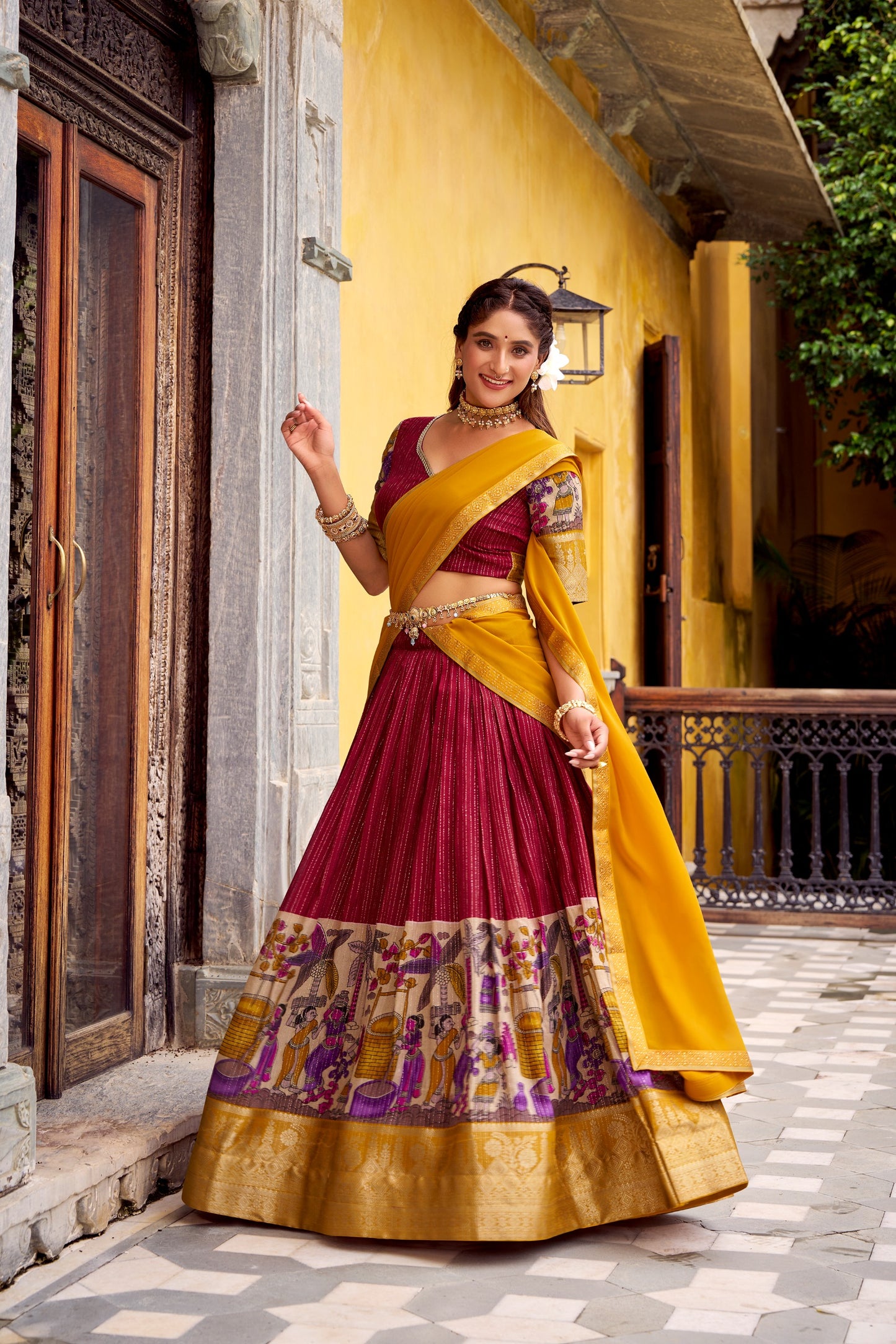 Step into timeless elegance with this Poly Chanderi lehenga, designed with delicate Zari stripes and enhanced with Kalamkari prints 🪷