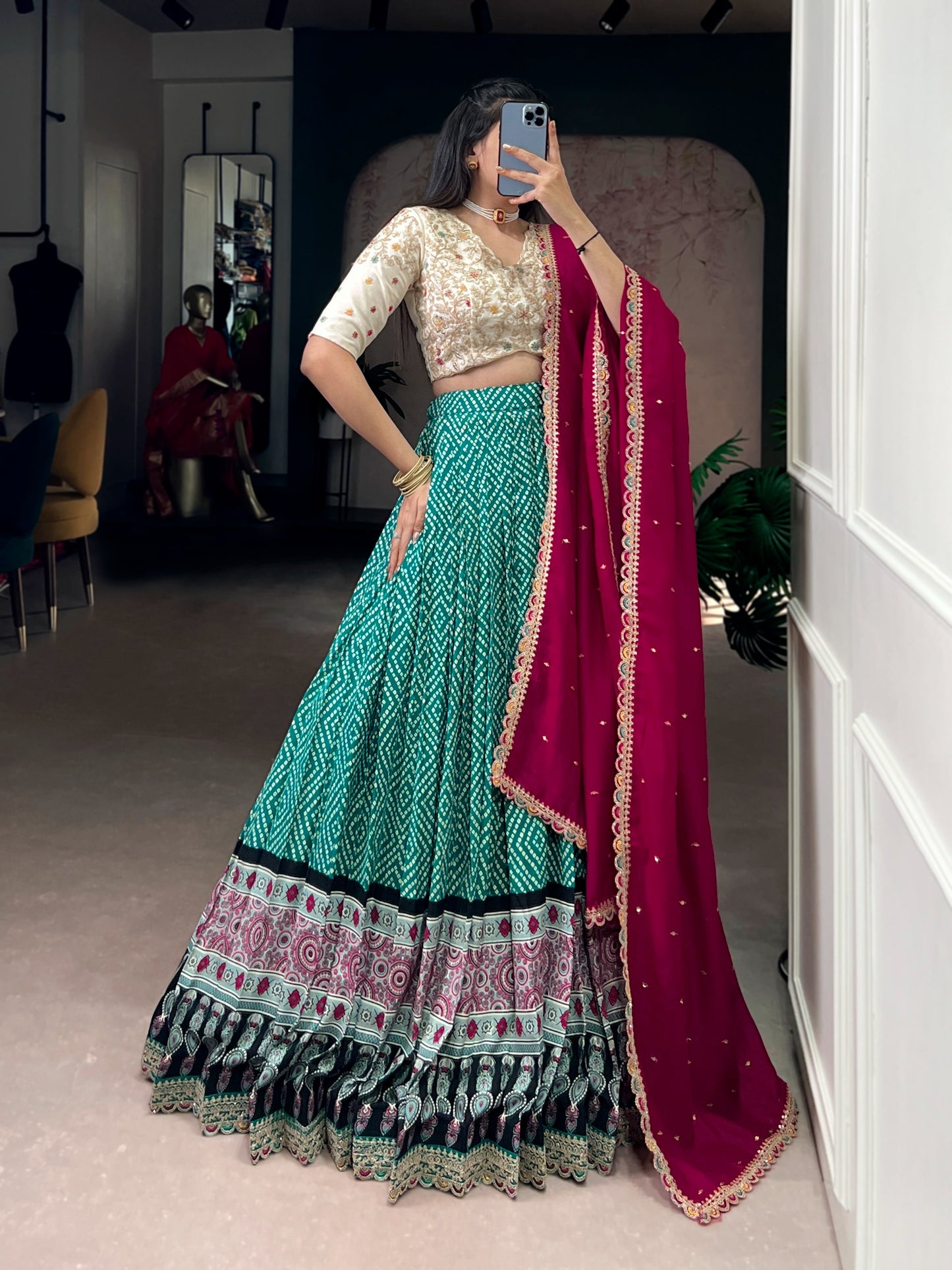 A beautiful blend of Bandhej and Ajrakh prints on soft rayon fabric, enhanced with delicate sequins, thread embroidery, and elegant lace detailing 🪞