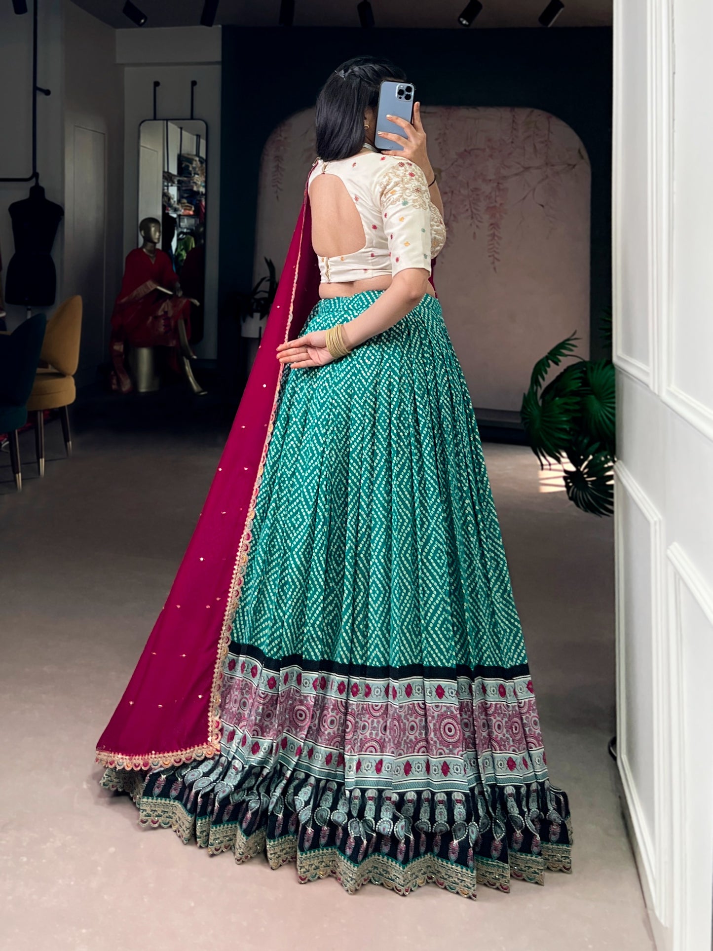 A beautiful blend of Bandhej and Ajrakh prints on soft rayon fabric, enhanced with delicate sequins, thread embroidery, and elegant lace detailing 🪞