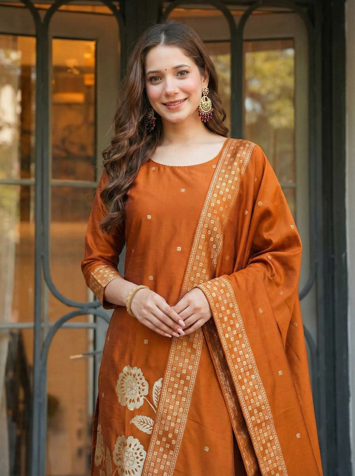 Elegant Silk jacquard Fabric Calf Length Straight Kurta Set