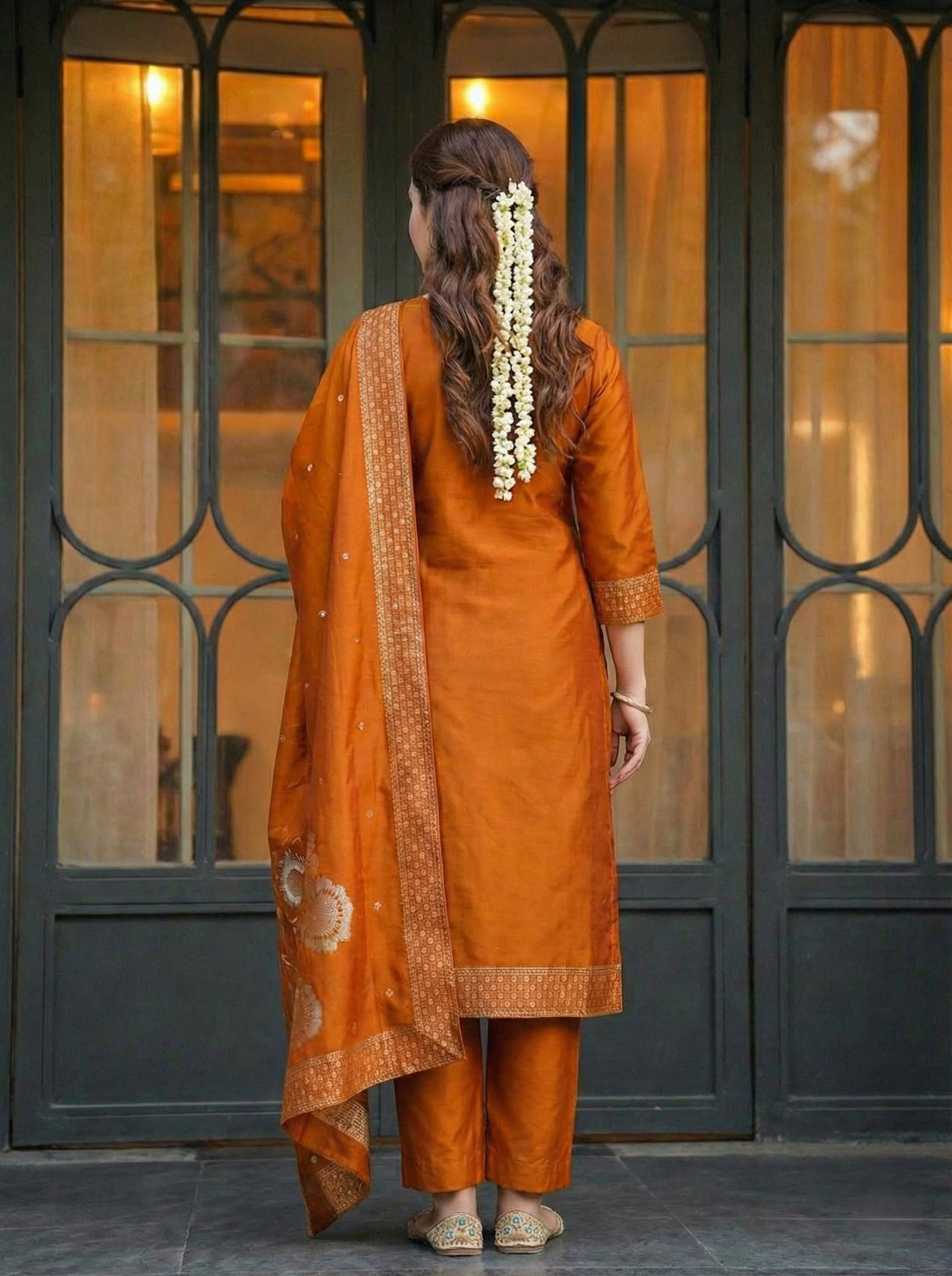Elegant Silk jacquard Fabric Calf Length Straight Kurta Set