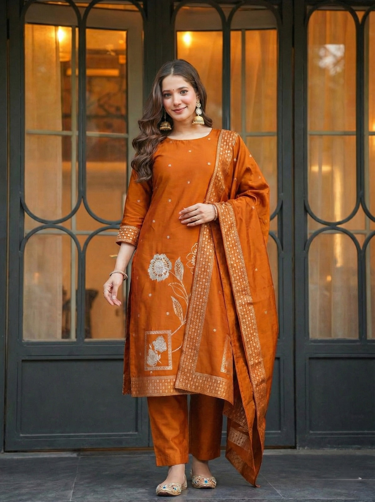 Elegant Silk jacquard Fabric Calf Length Straight Kurta Set