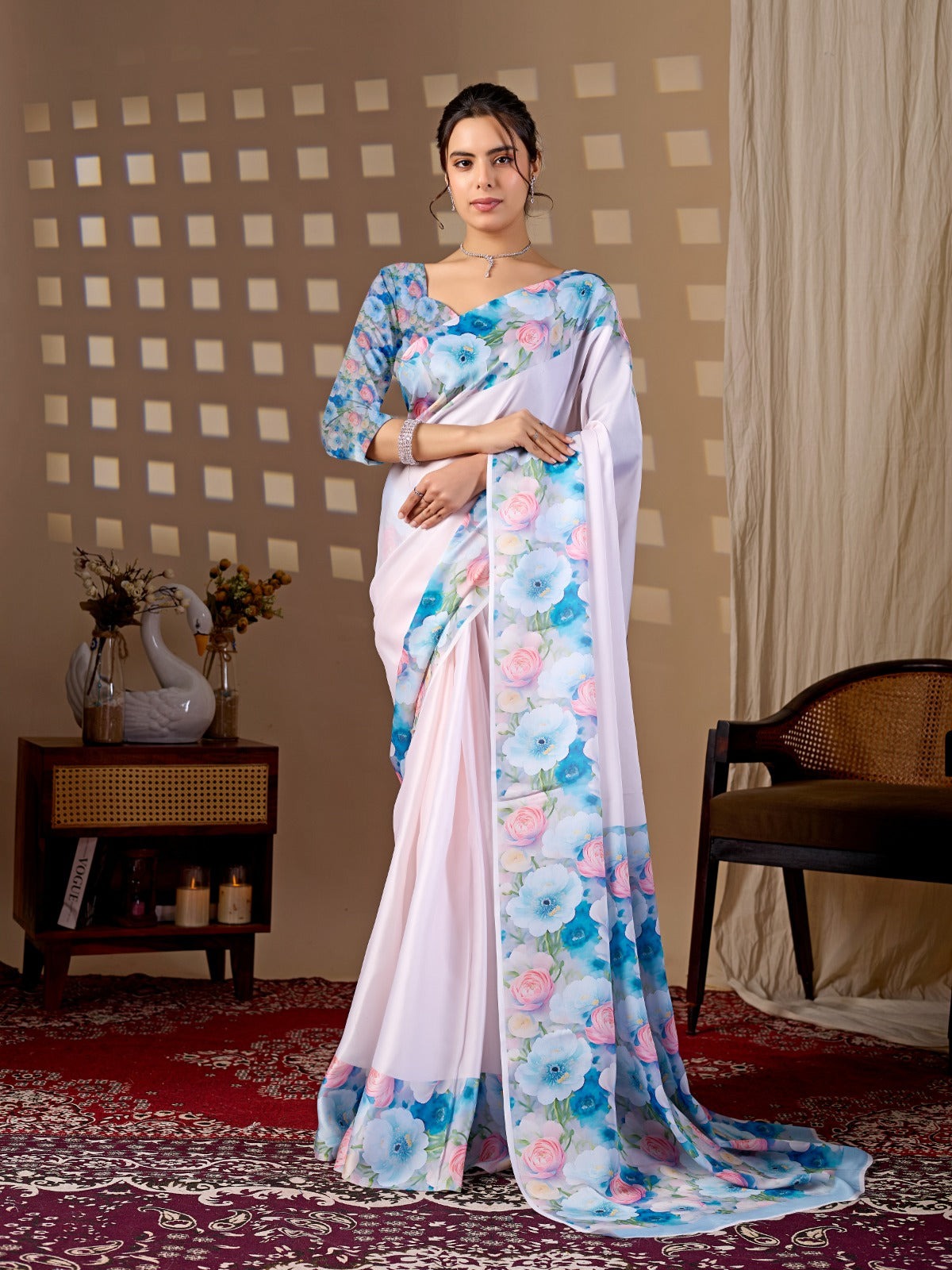 Luxurious Pastel Tinted Satin Saree Set with Contrast Floral Print Pallu and Sleeves