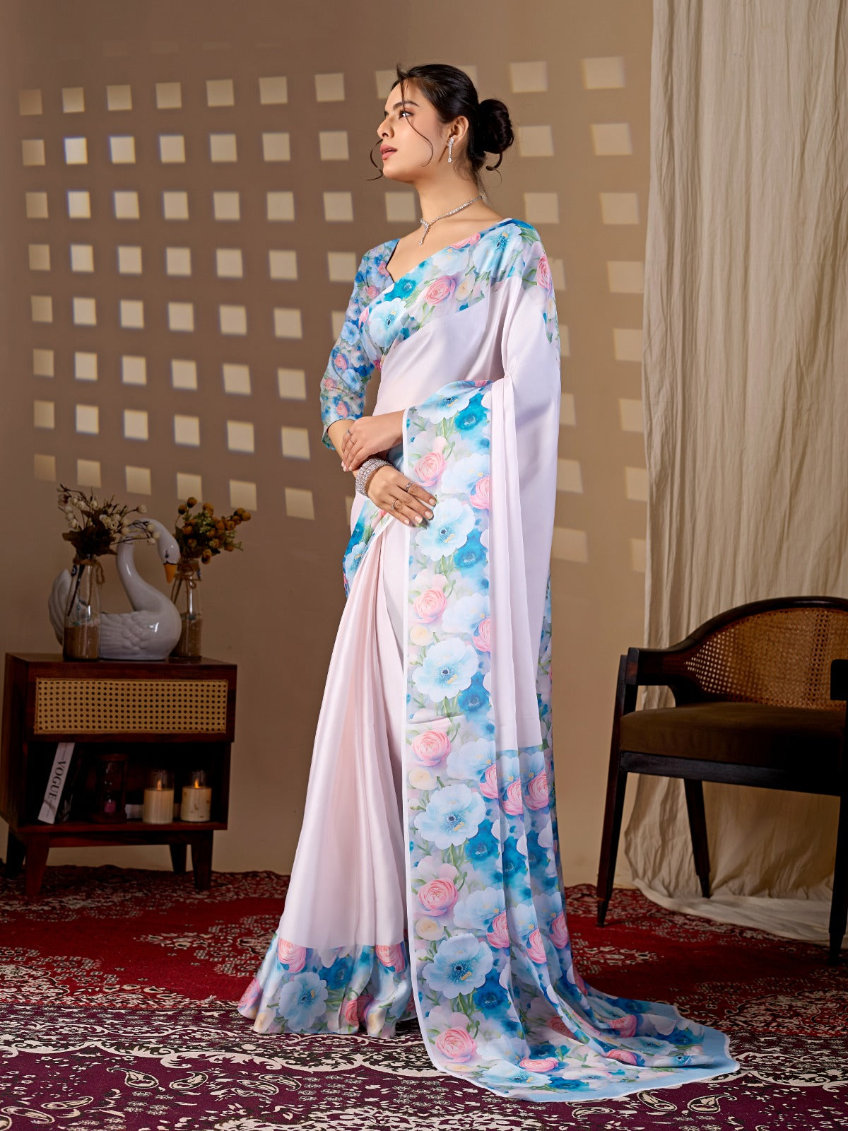 Luxurious Pastel Tinted Satin Saree Set with Contrast Floral Print Pallu and Sleeves