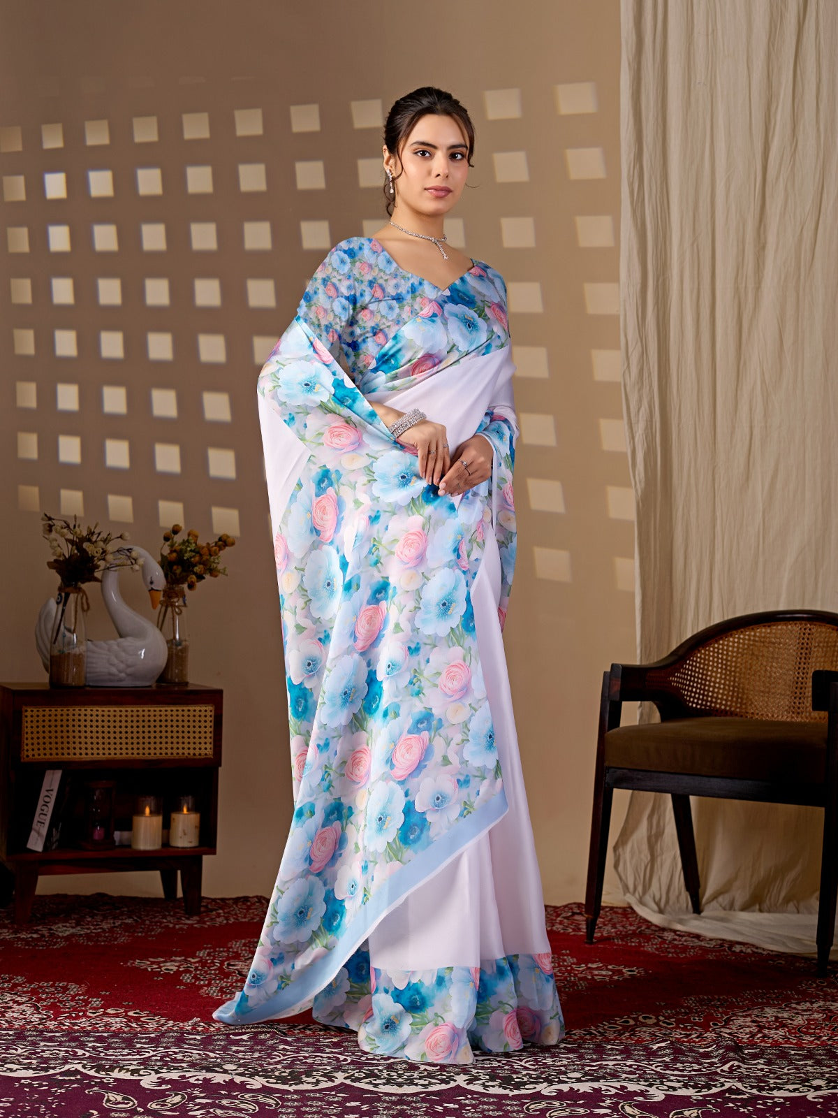 Luxurious Pastel Tinted Satin Saree Set with Contrast Floral Print Pallu and Sleeves