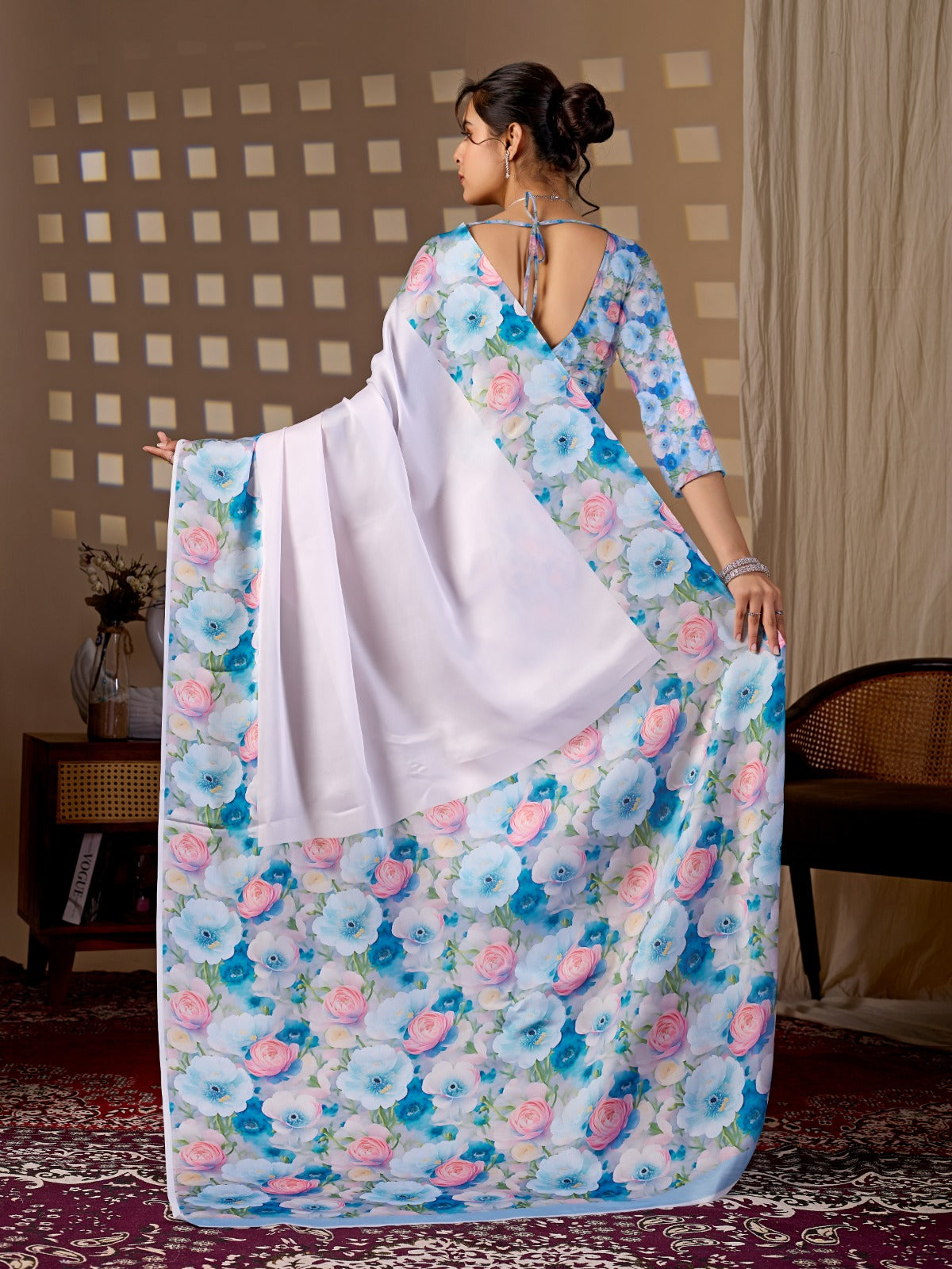 Luxurious Pastel Tinted Satin Saree Set with Contrast Floral Print Pallu and Sleeves