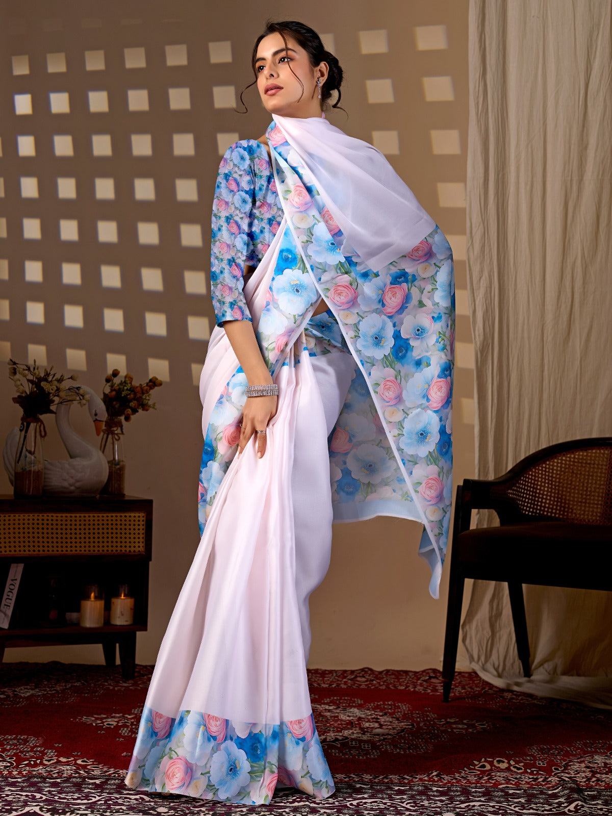 Luxurious Pastel Tinted Satin Saree Set with Contrast Floral Print Pallu and Sleeves