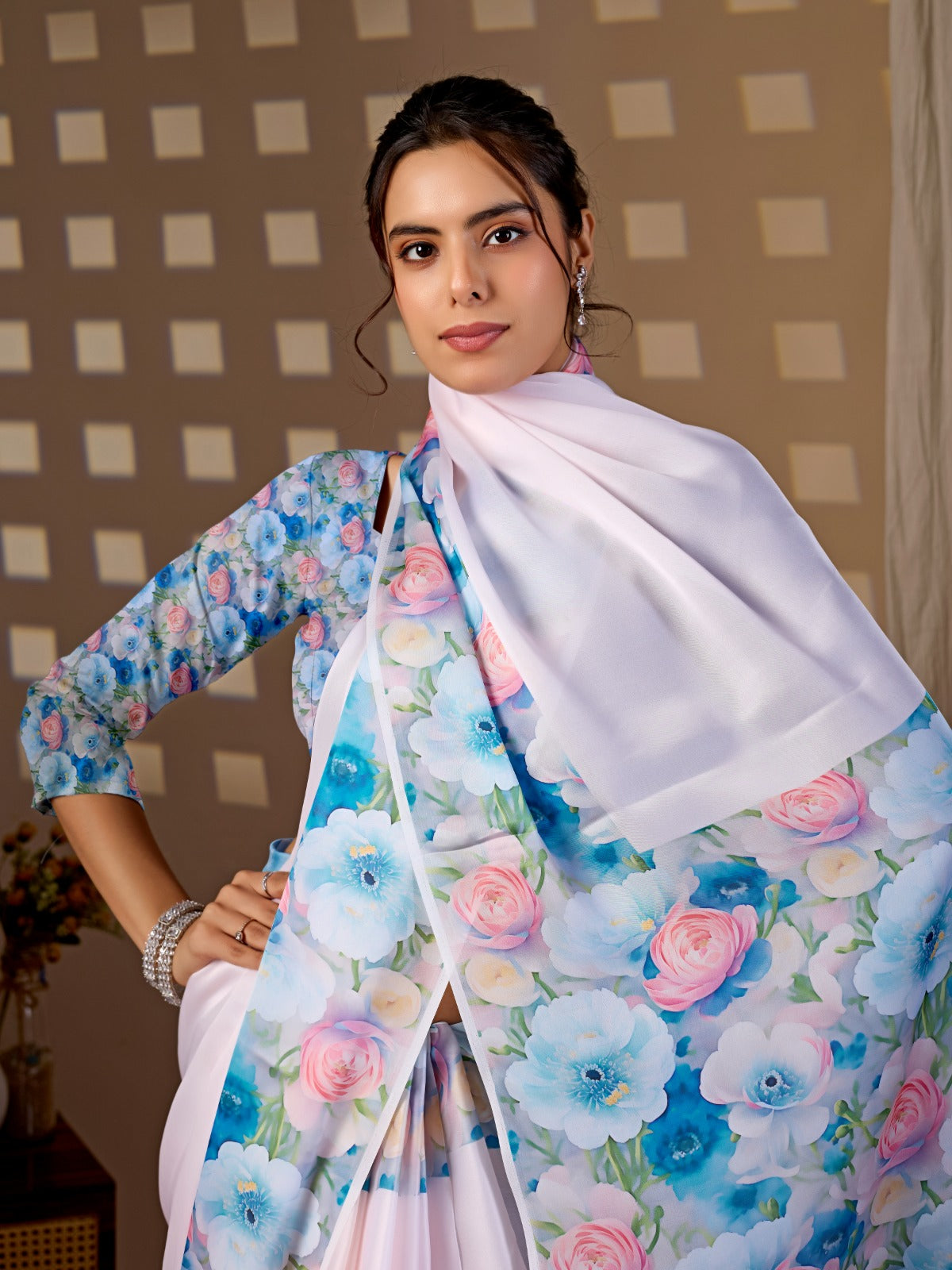 Luxurious Pastel Tinted Satin Saree Set with Contrast Floral Print Pallu and Sleeves