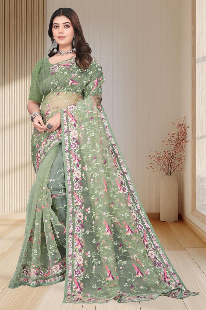 Sage Green Net Saree with Intricate Floral and Bird Embroidery