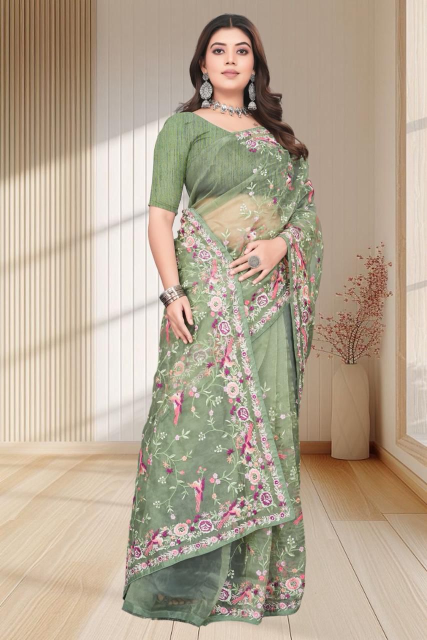 Sage Green Net Saree with Intricate Floral and Bird Embroidery