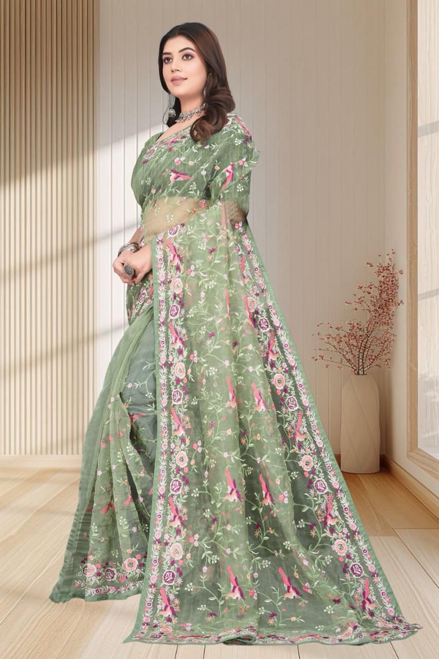 Sage Green Net Saree with Intricate Floral and Bird Embroidery