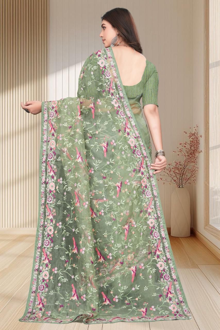 Sage Green Net Saree with Intricate Floral and Bird Embroidery