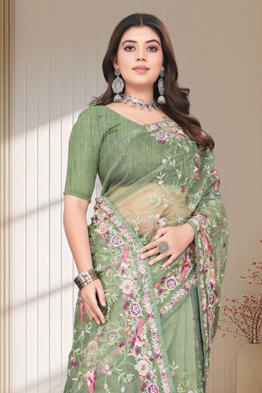 Sage Green Net Saree with Intricate Floral and Bird Embroidery