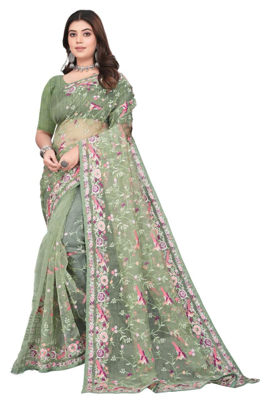 Sage Green Net Saree with Intricate Floral and Bird Embroidery