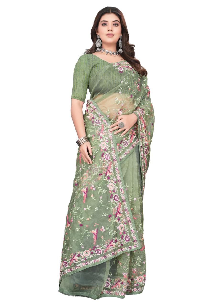 Sage Green Net Saree with Intricate Floral and Bird Embroidery