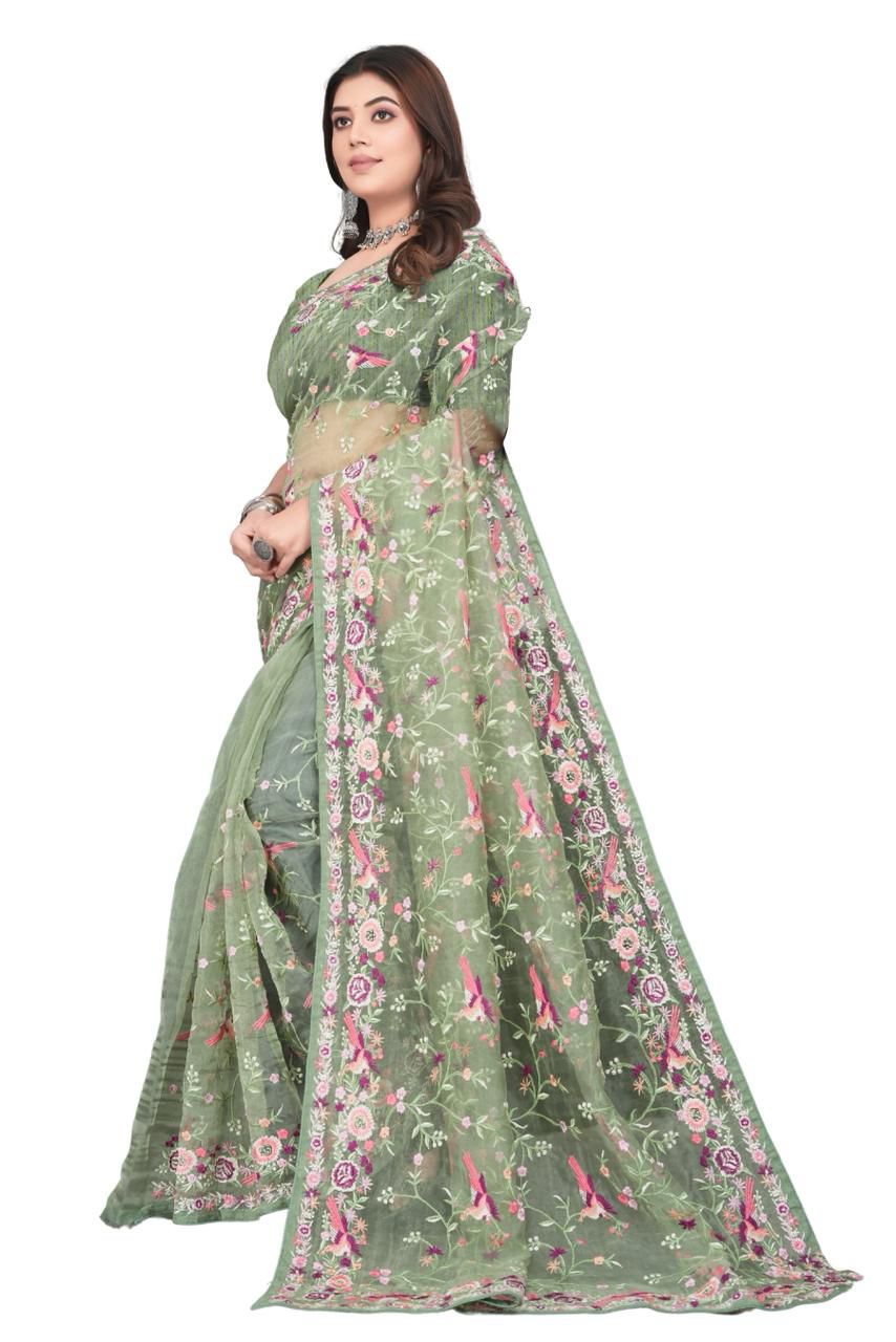 Sage Green Net Saree with Intricate Floral and Bird Embroidery