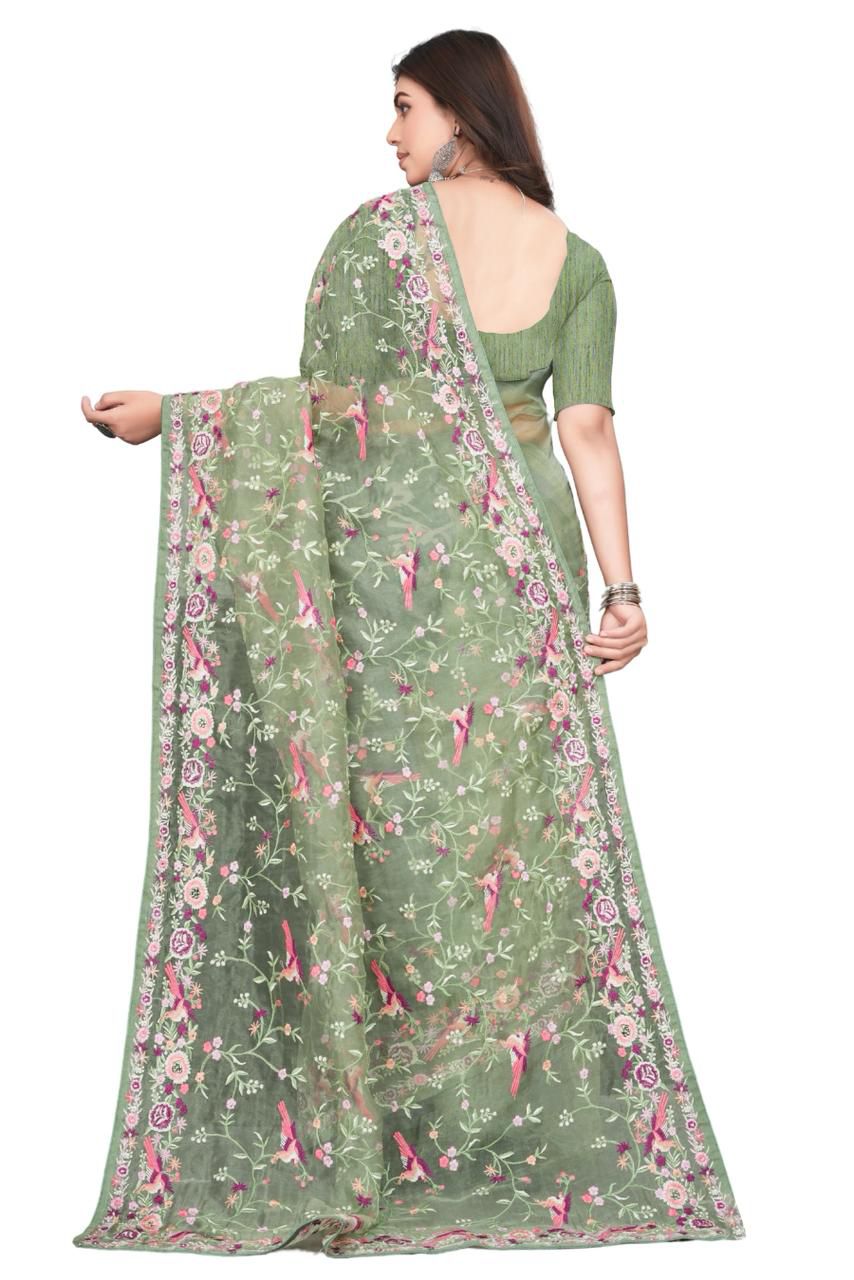 Sage Green Net Saree with Intricate Floral and Bird Embroidery