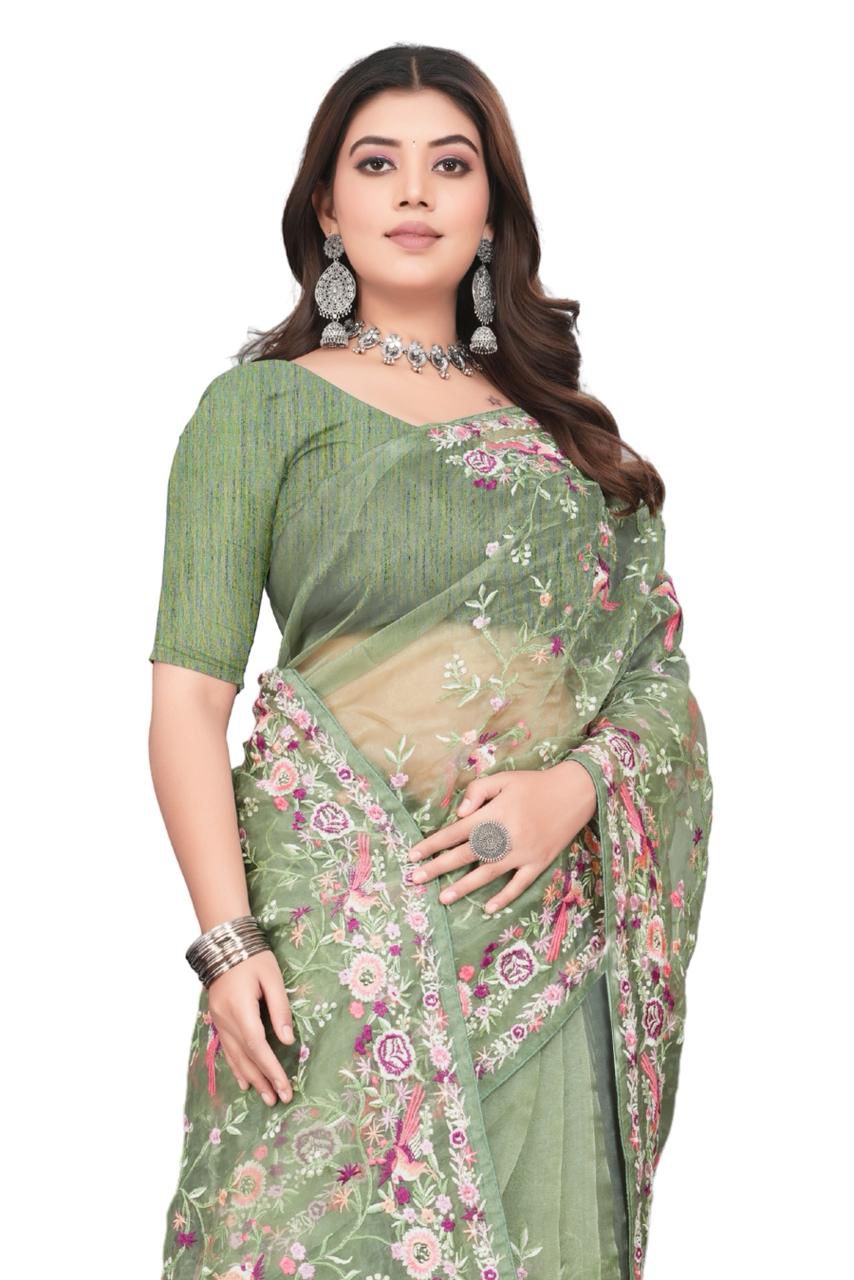 Sage Green Net Saree with Intricate Floral and Bird Embroidery
