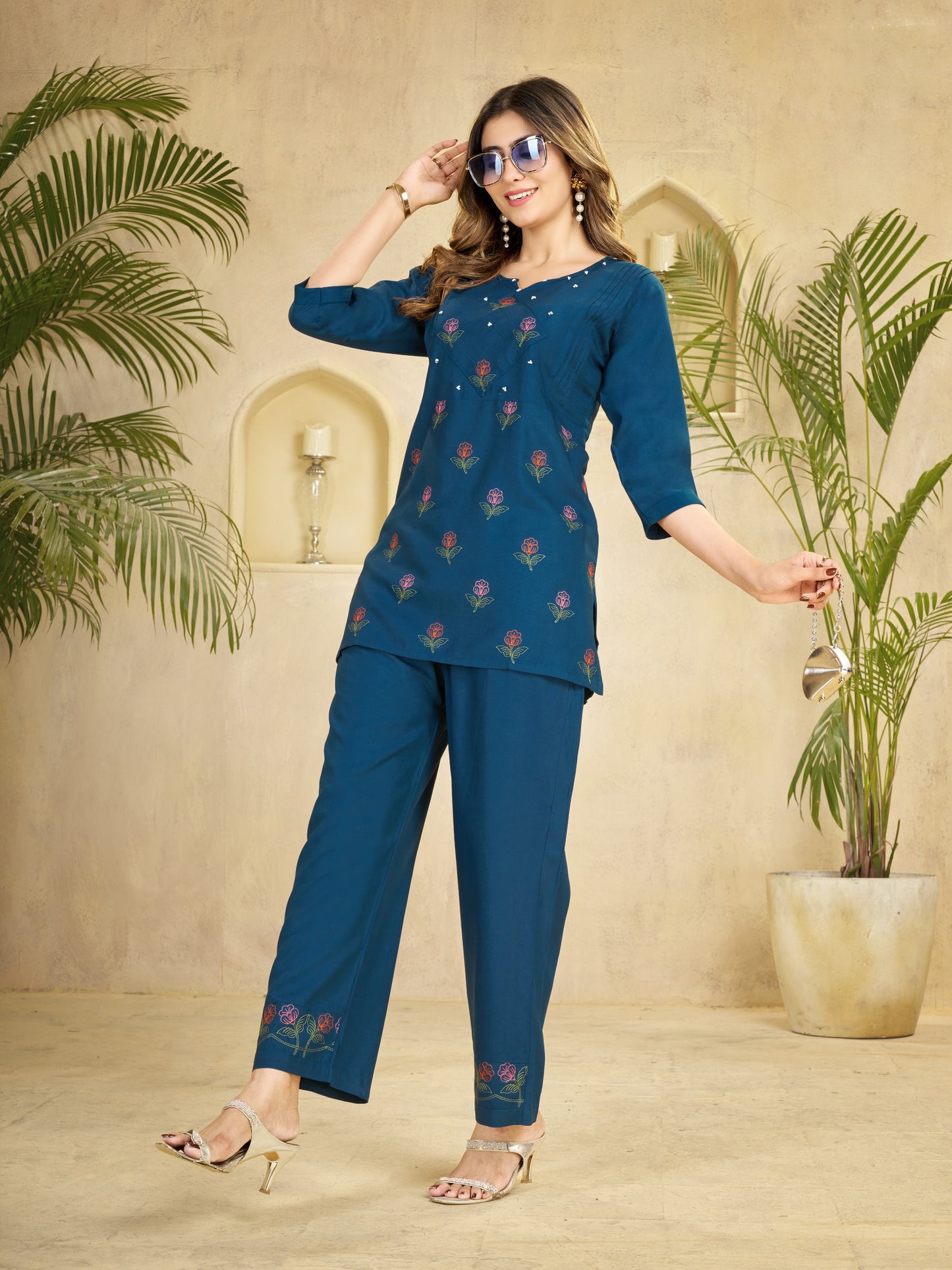 Premium 2-Piece Ethnic Lounge Set – Smart-Casual Three-Quarter Sleeve Top with Coordinated Embroidered Hem Trousers