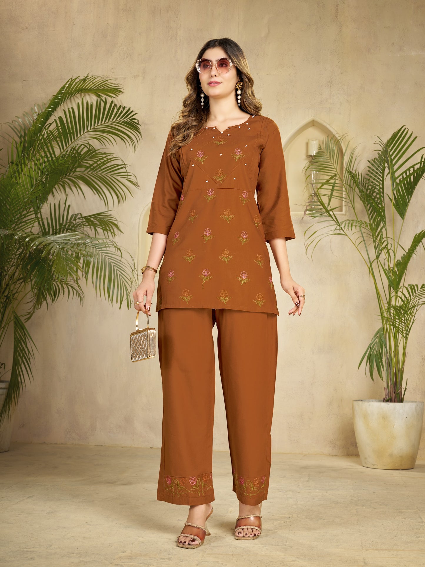 Premium 2-Piece Ethnic Lounge Set – Smart-Casual Three-Quarter Sleeve Top with Coordinated Embroidered Hem Trousers