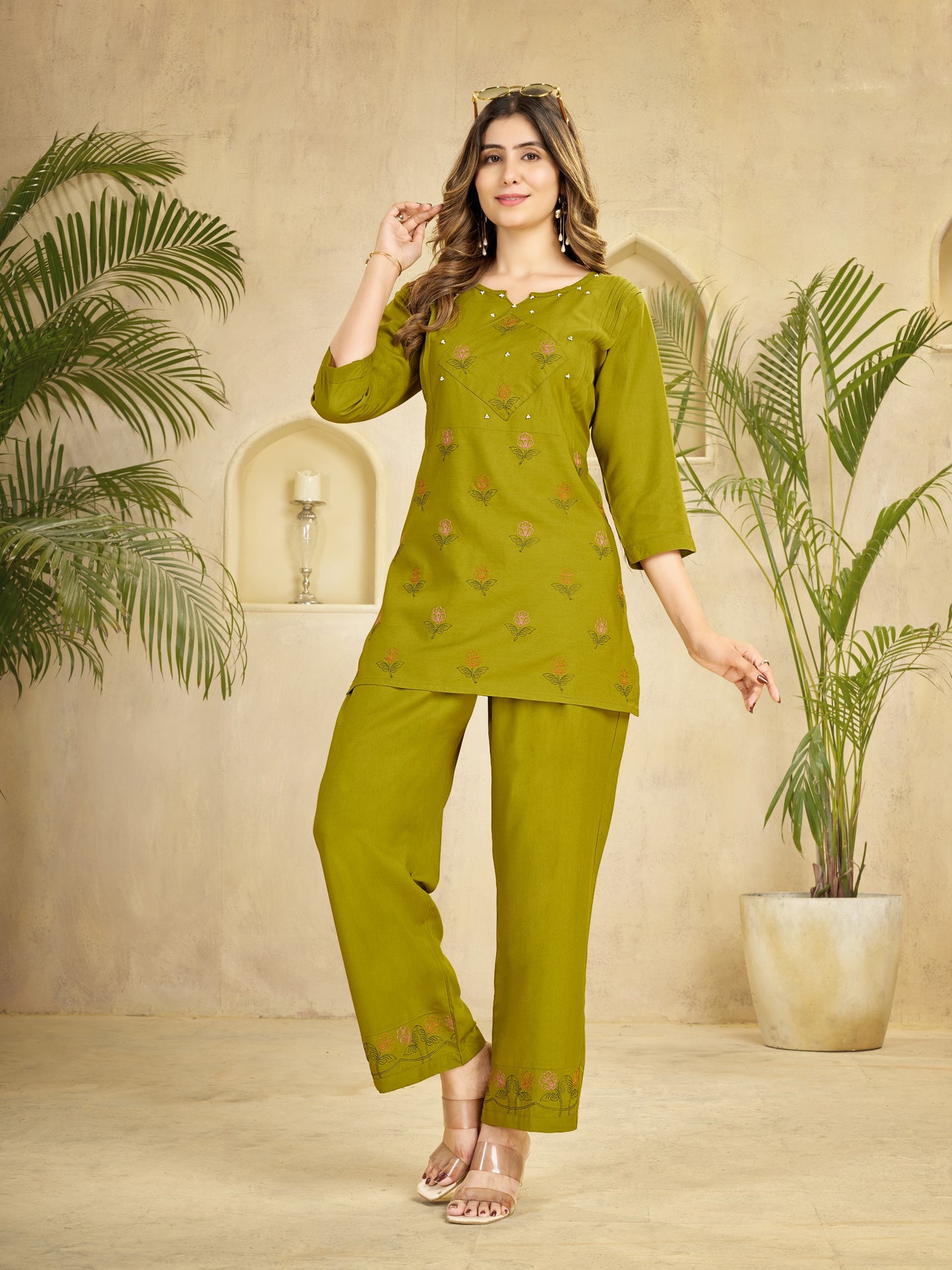 Premium 2-Piece Ethnic Lounge Set – Smart-Casual Three-Quarter Sleeve Top with Coordinated Embroidered Hem Trousers
