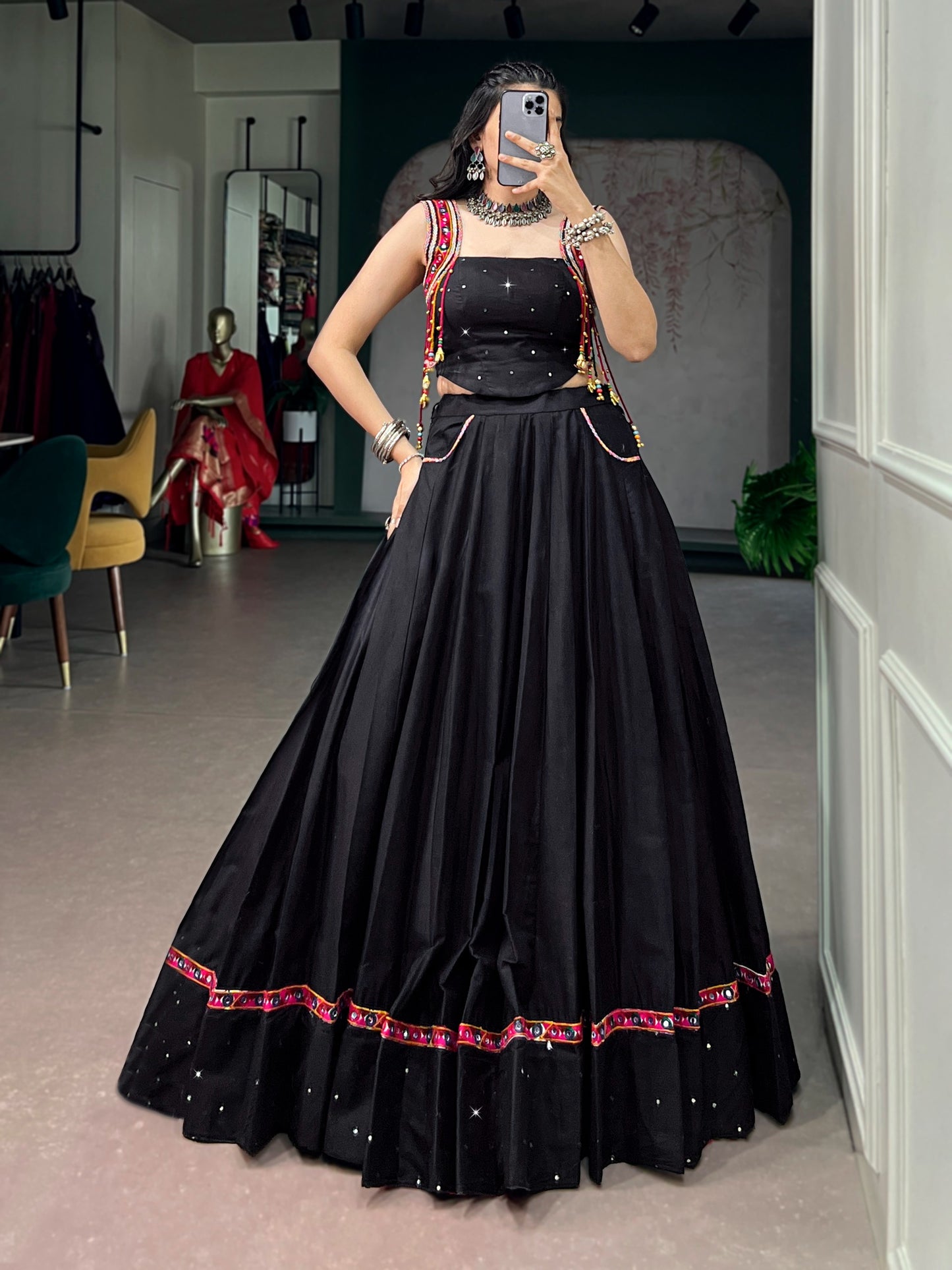 Contemporary Black Indo-Western Lehenga Choli with Festive Mirror-Work Border and Pocket Details
