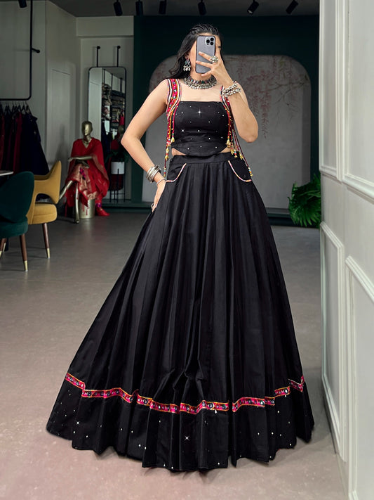 Contemporary Black Indo-Western Lehenga Choli with Festive Mirror-Work Border and Pocket Details