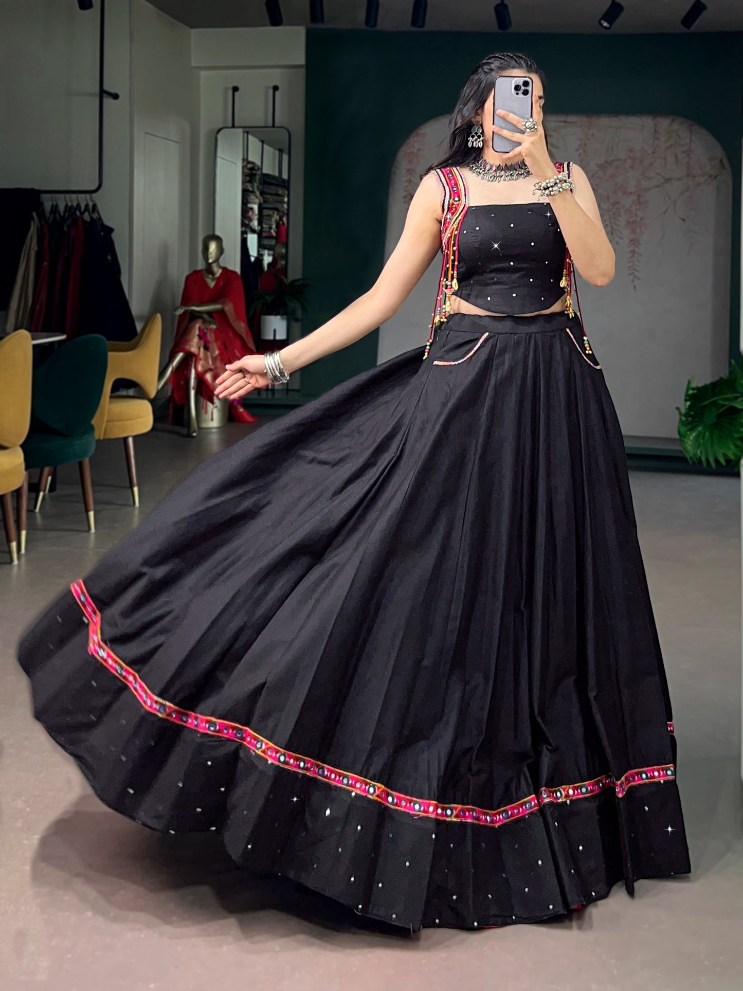 Contemporary Black Indo-Western Lehenga Choli with Festive Mirror-Work Border and Pocket Details