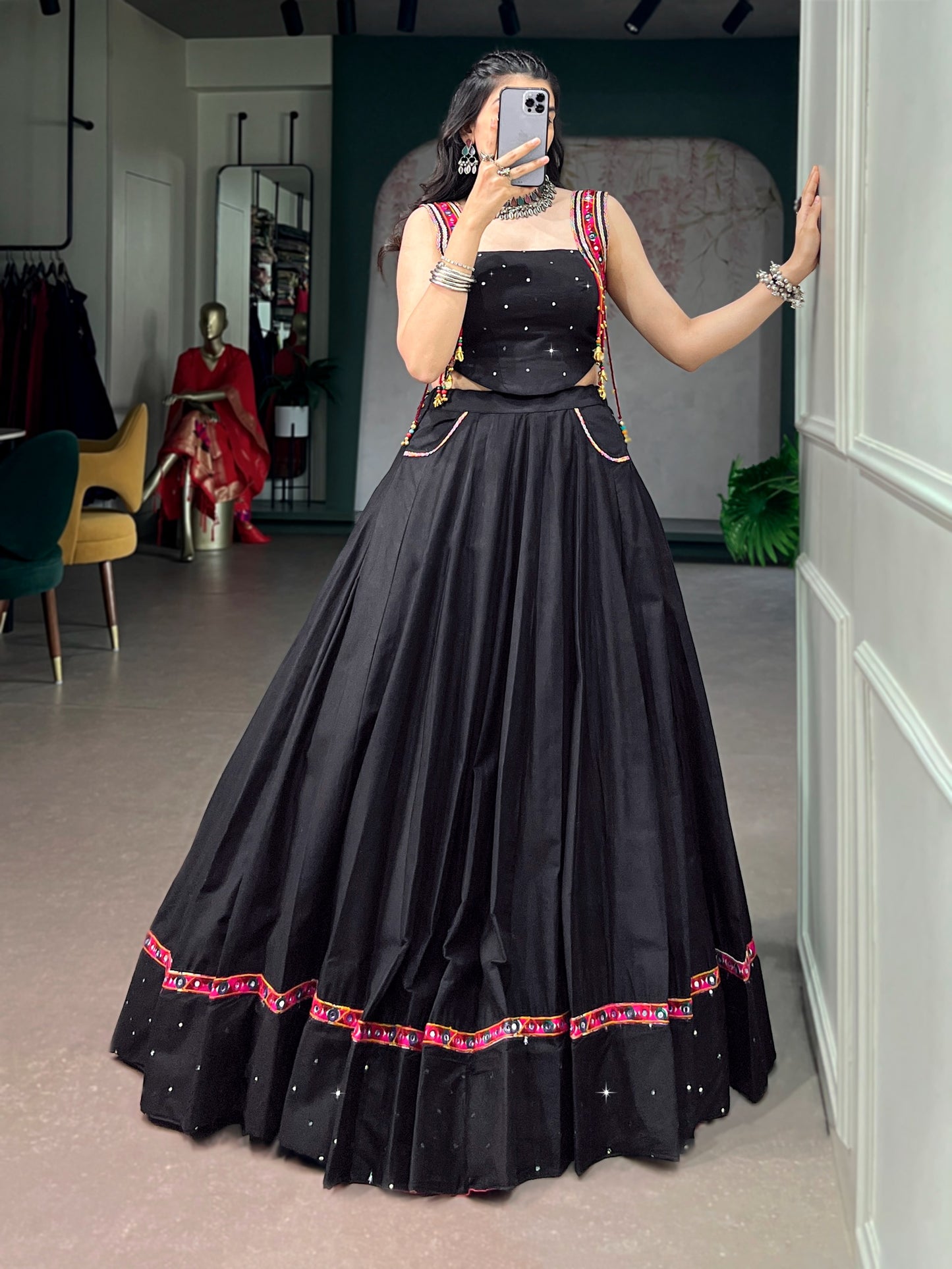 Contemporary Black Indo-Western Lehenga Choli with Festive Mirror-Work Border and Pocket Details