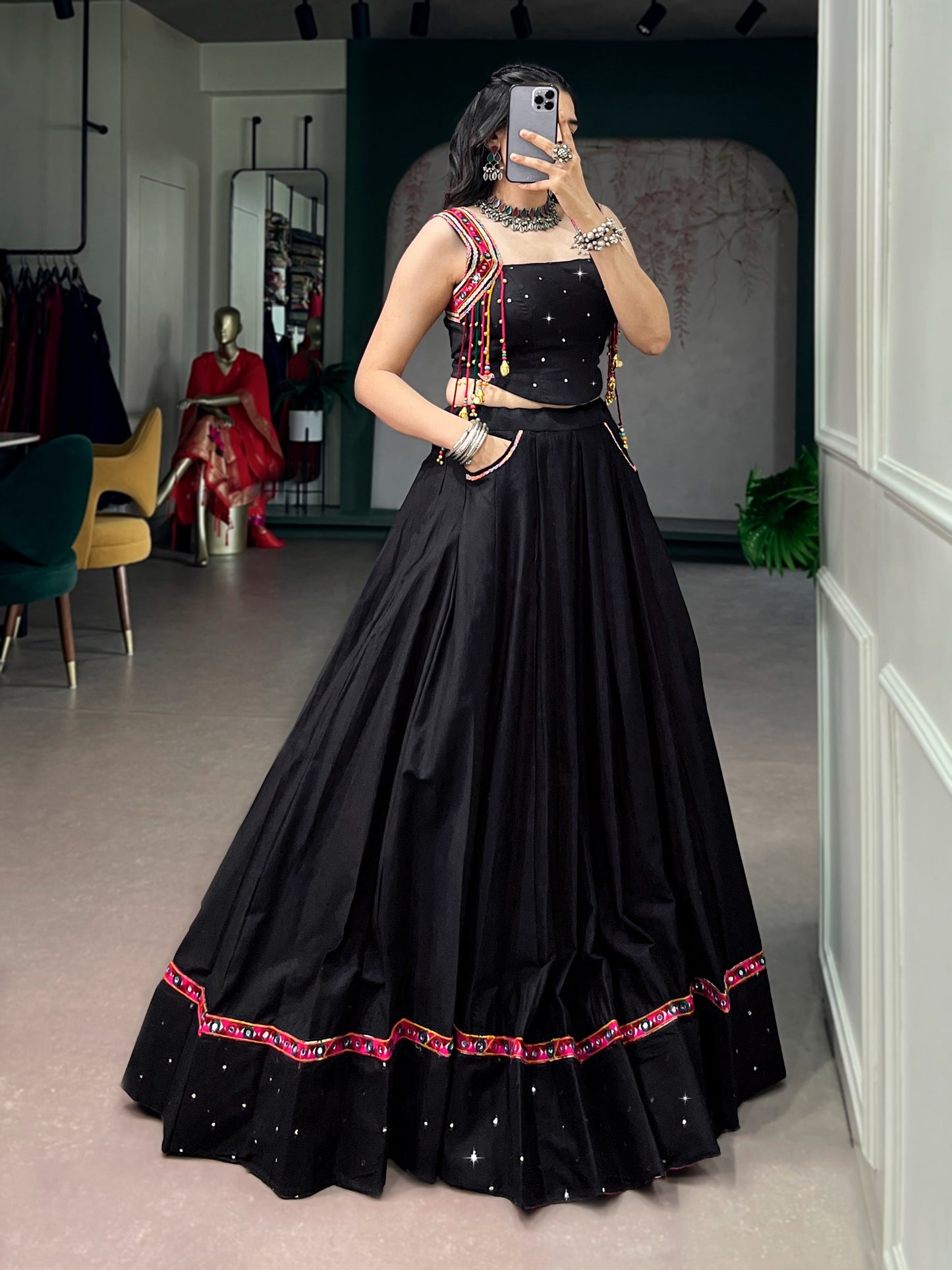 Contemporary Black Indo-Western Lehenga Choli with Festive Mirror-Work Border and Pocket Details
