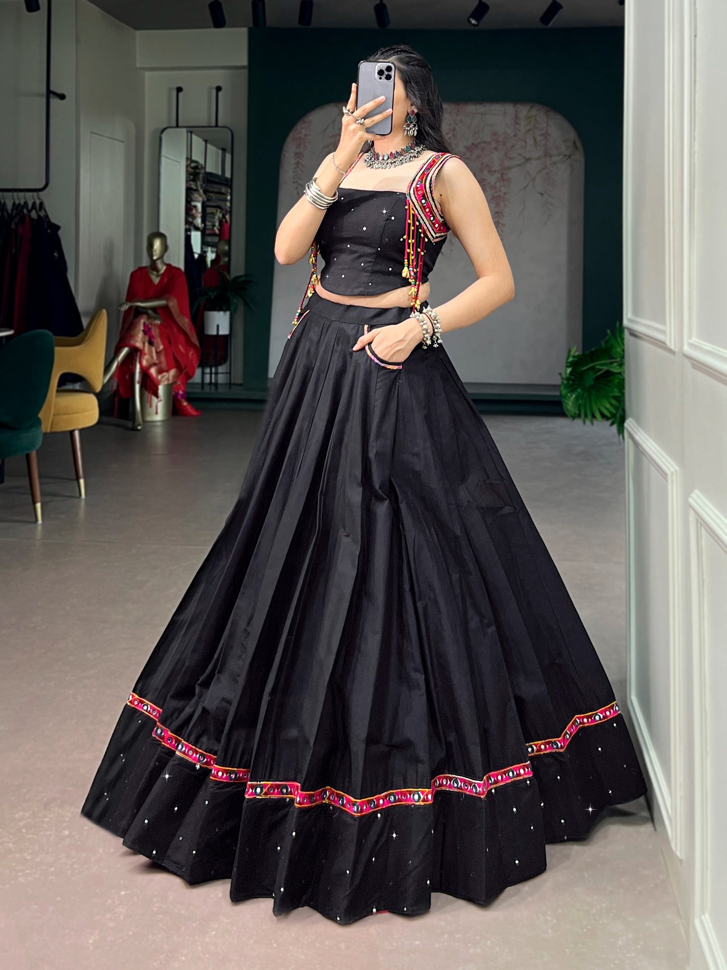 Contemporary Black Indo-Western Lehenga Choli with Festive Mirror-Work Border and Pocket Details