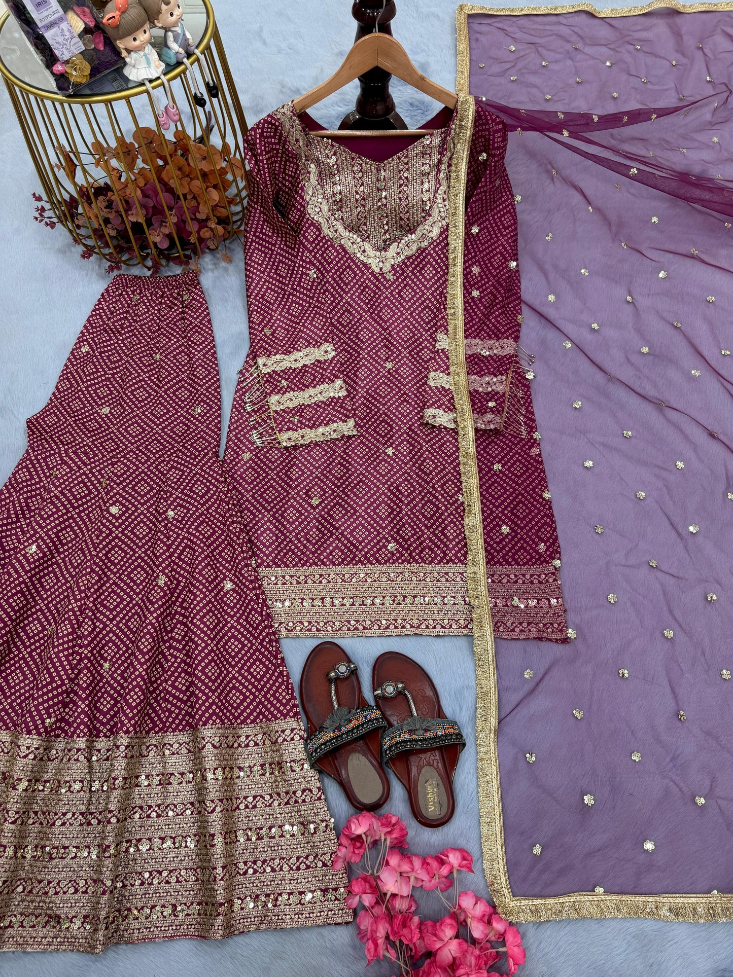 👗Launching New 🦋 Đěsigner Party Wear & Festival Look Pur Printed Chinon Silk Top-Blouse & Palazzo With Dupatta set