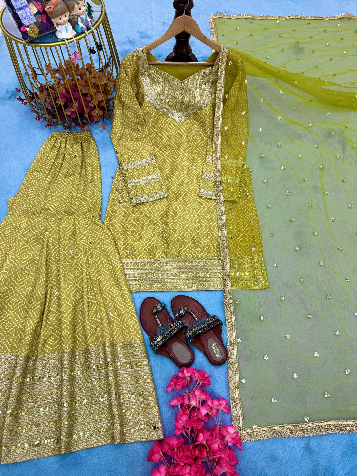 👗Launching New 🦋 Đěsigner Party Wear & Festival Look Pur Printed Chinon Silk Top-Blouse & Palazzo With Dupatta set