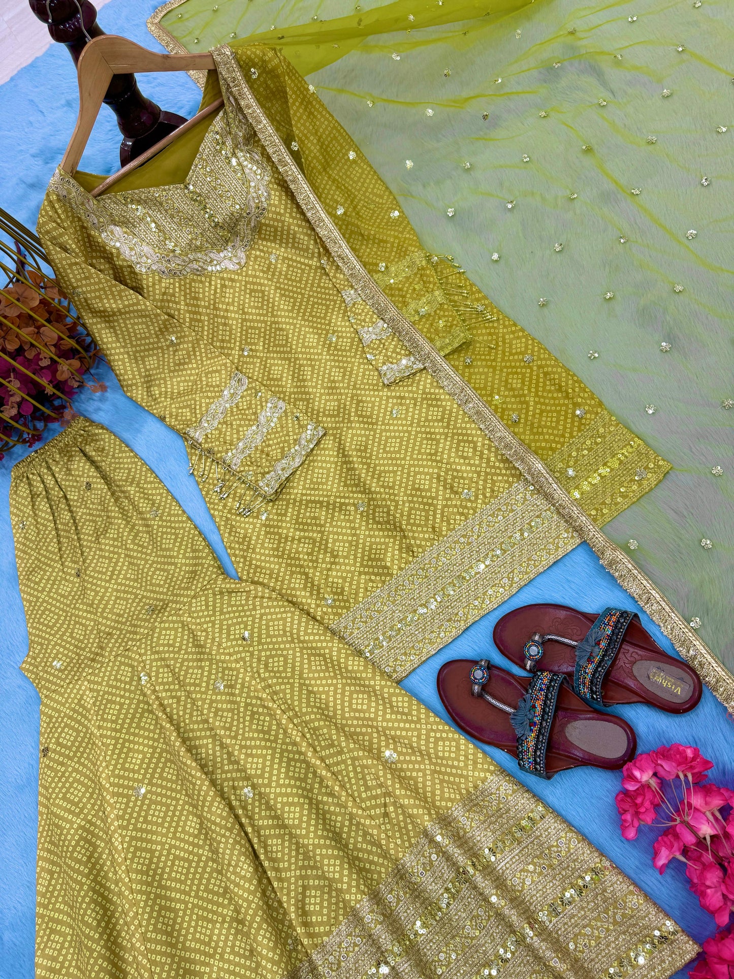 👗Launching New 🦋 Đěsigner Party Wear & Festival Look Pur Printed Chinon Silk Top-Blouse & Palazzo With Dupatta set