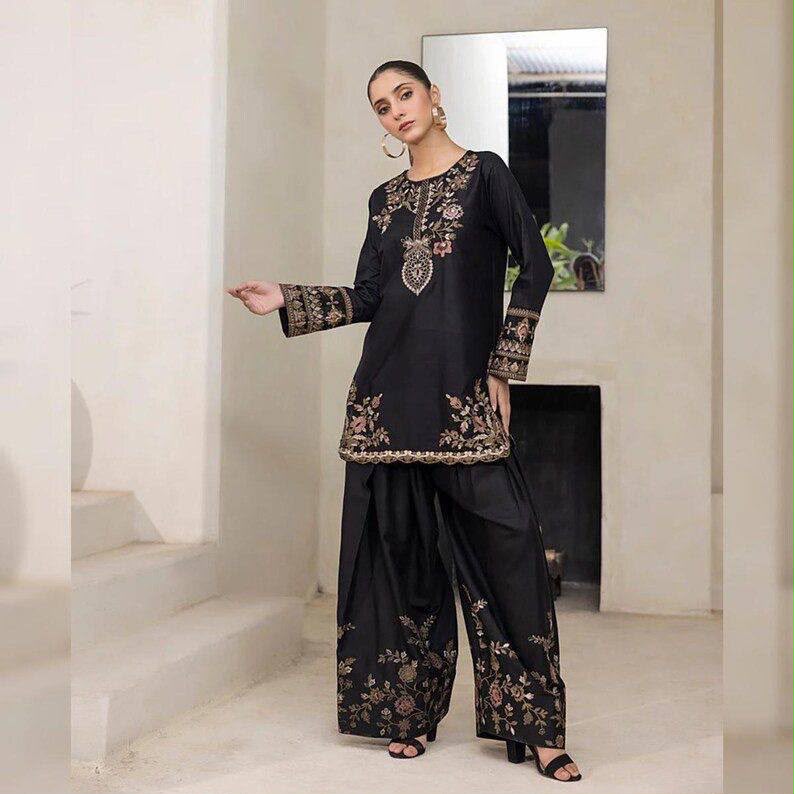 Elegant Black Silk Kurta and Flared Palazzo Set with Antique Gold Floral Embroidery