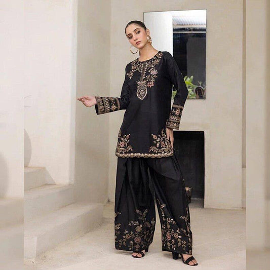 Elegant Black Silk Kurta and Flared Palazzo Set with Antique Gold Floral Embroidery