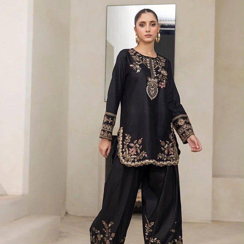 Elegant Black Silk Kurta and Flared Palazzo Set with Antique Gold Floral Embroidery