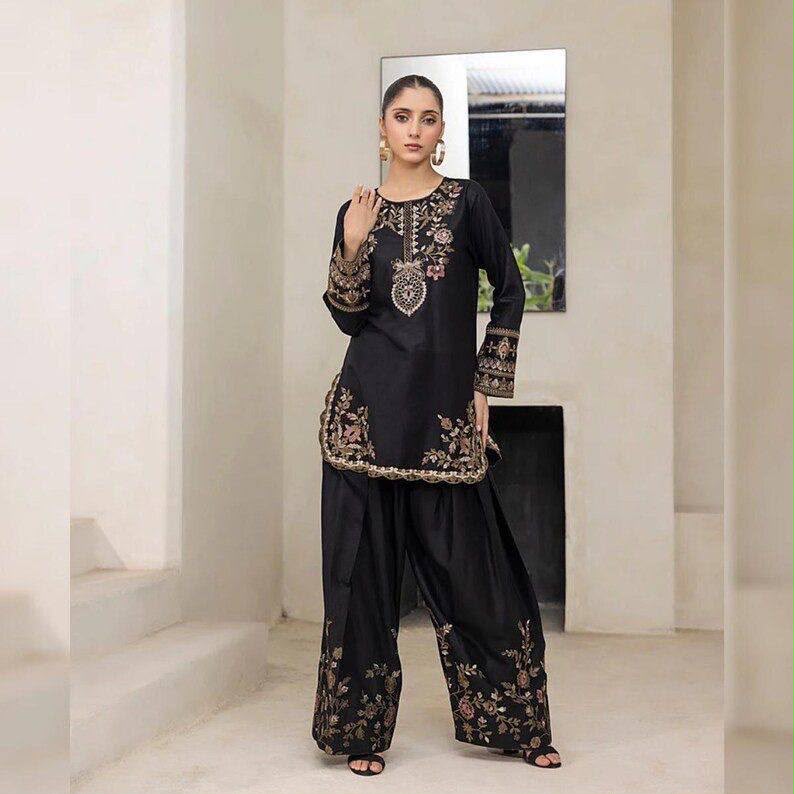 Elegant Black Silk Kurta and Flared Palazzo Set with Antique Gold Floral Embroidery