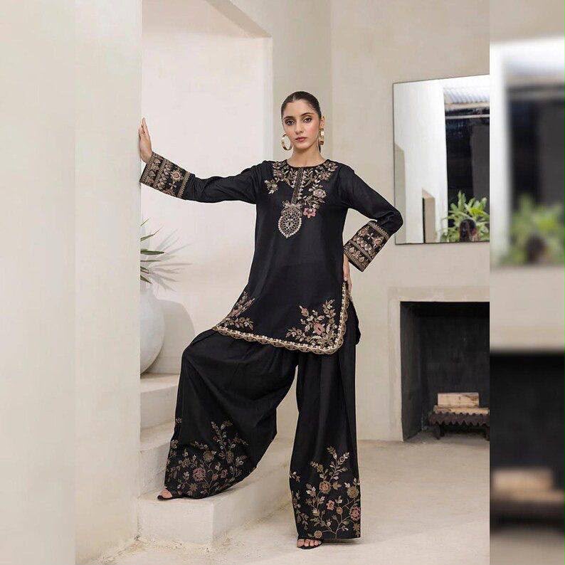 Elegant Black Silk Kurta and Flared Palazzo Set with Antique Gold Floral Embroidery