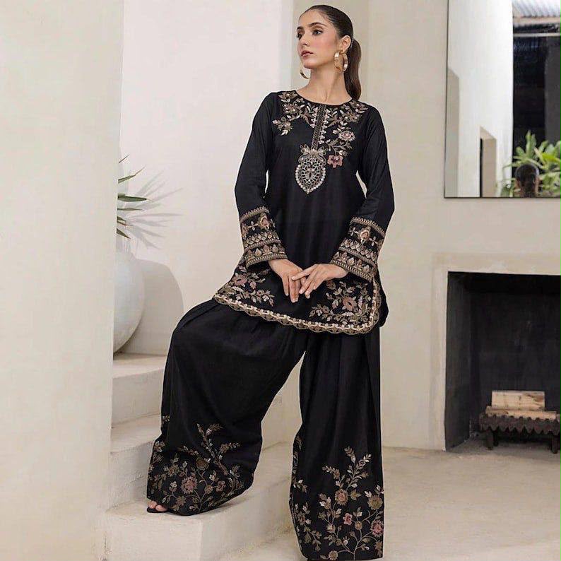 Elegant Black Silk Kurta and Flared Palazzo Set with Antique Gold Floral Embroidery