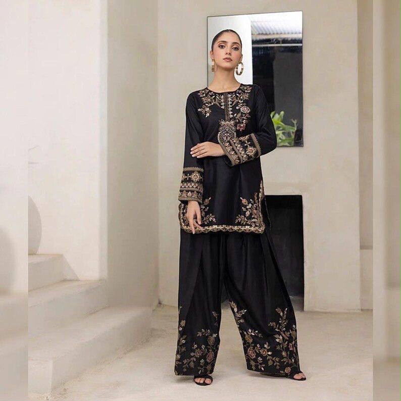 Elegant Black Silk Kurta and Flared Palazzo Set with Antique Gold Floral Embroidery