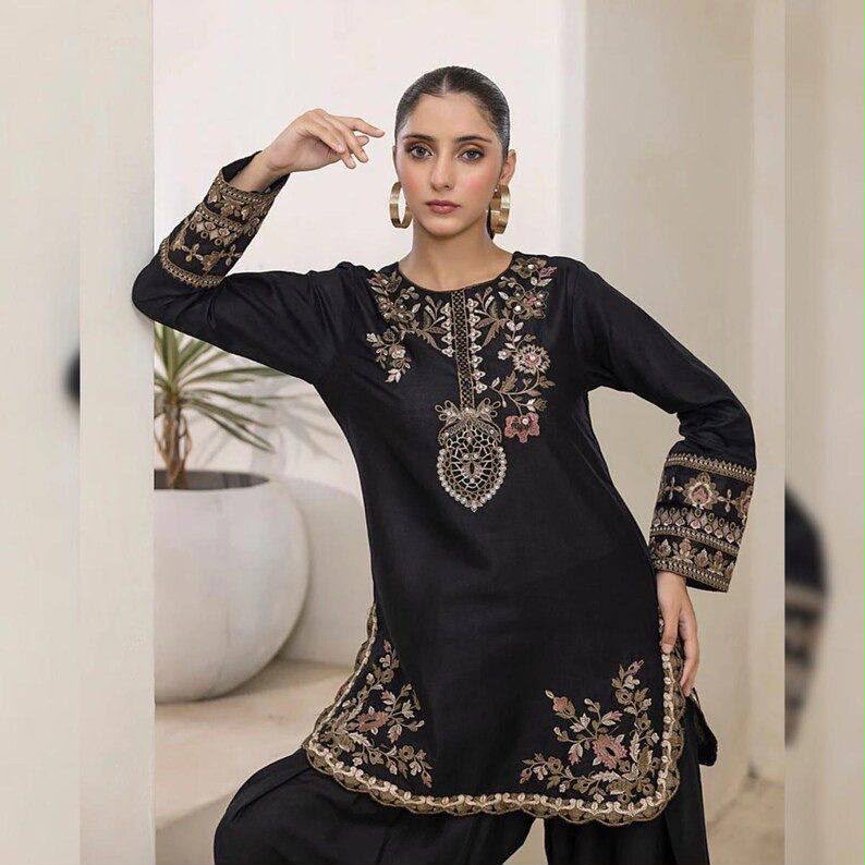 Elegant Black Silk Kurta and Flared Palazzo Set with Antique Gold Floral Embroidery