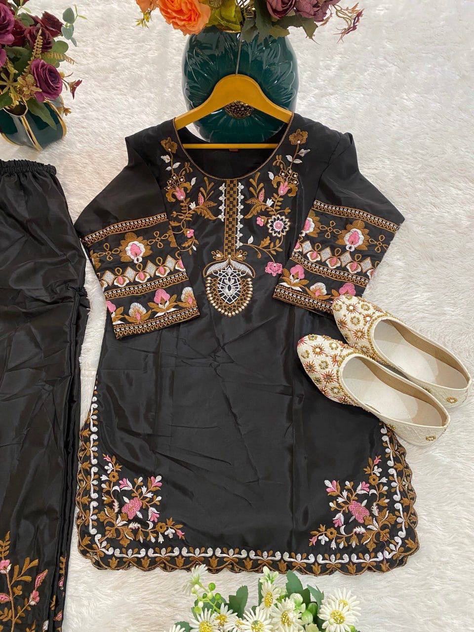 Elegant Black Silk Kurta and Flared Palazzo Set with Antique Gold Floral Embroidery