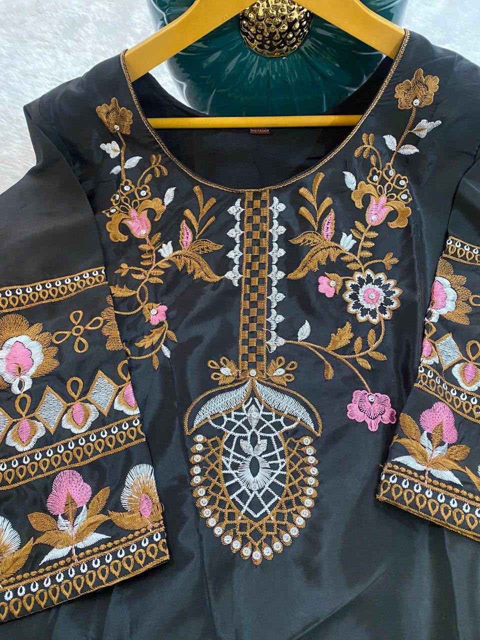 Elegant Black Silk Kurta and Flared Palazzo Set with Antique Gold Floral Embroidery